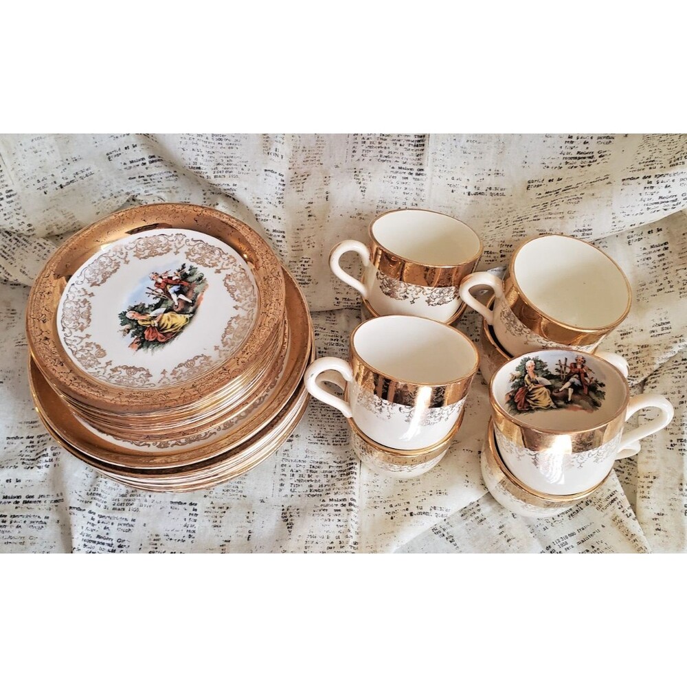 Vtg Sabin 22K Crest-O-Gold Courting Couple 24 piece tea set: cup, saucer, plates